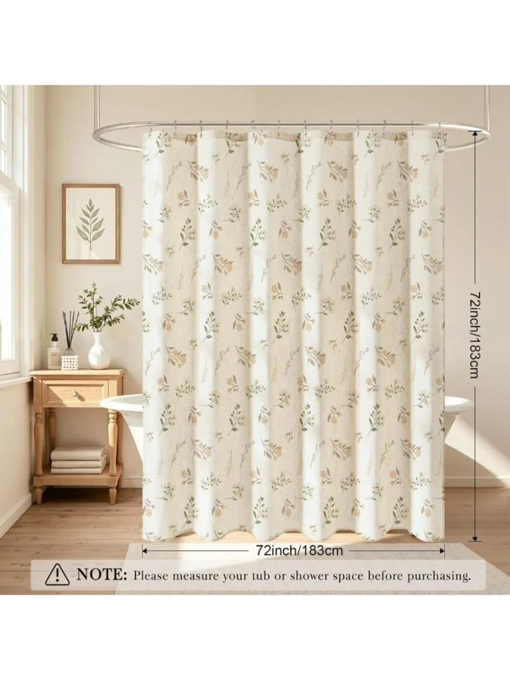 Beige Floral Linen Blend Shower Curtain - Farmhouse Style Bathroom Decor 72x72